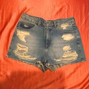 Topshop Moto Mom Shorts Womens Cut Off Ripped High Rise Denim Blue Jean Size 6